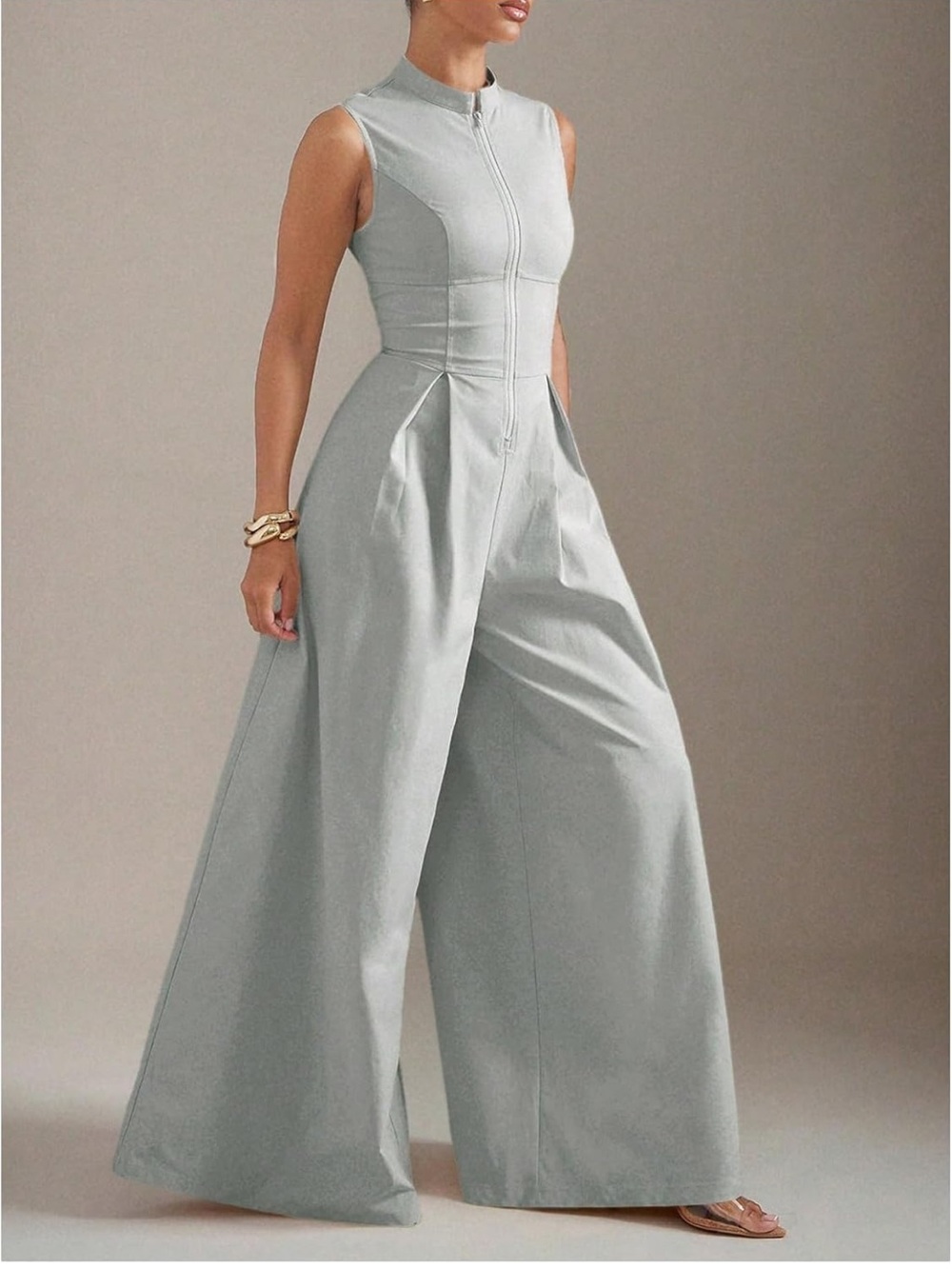 Women's Wide-Leg Plunge Jumpsuit in Light Gray